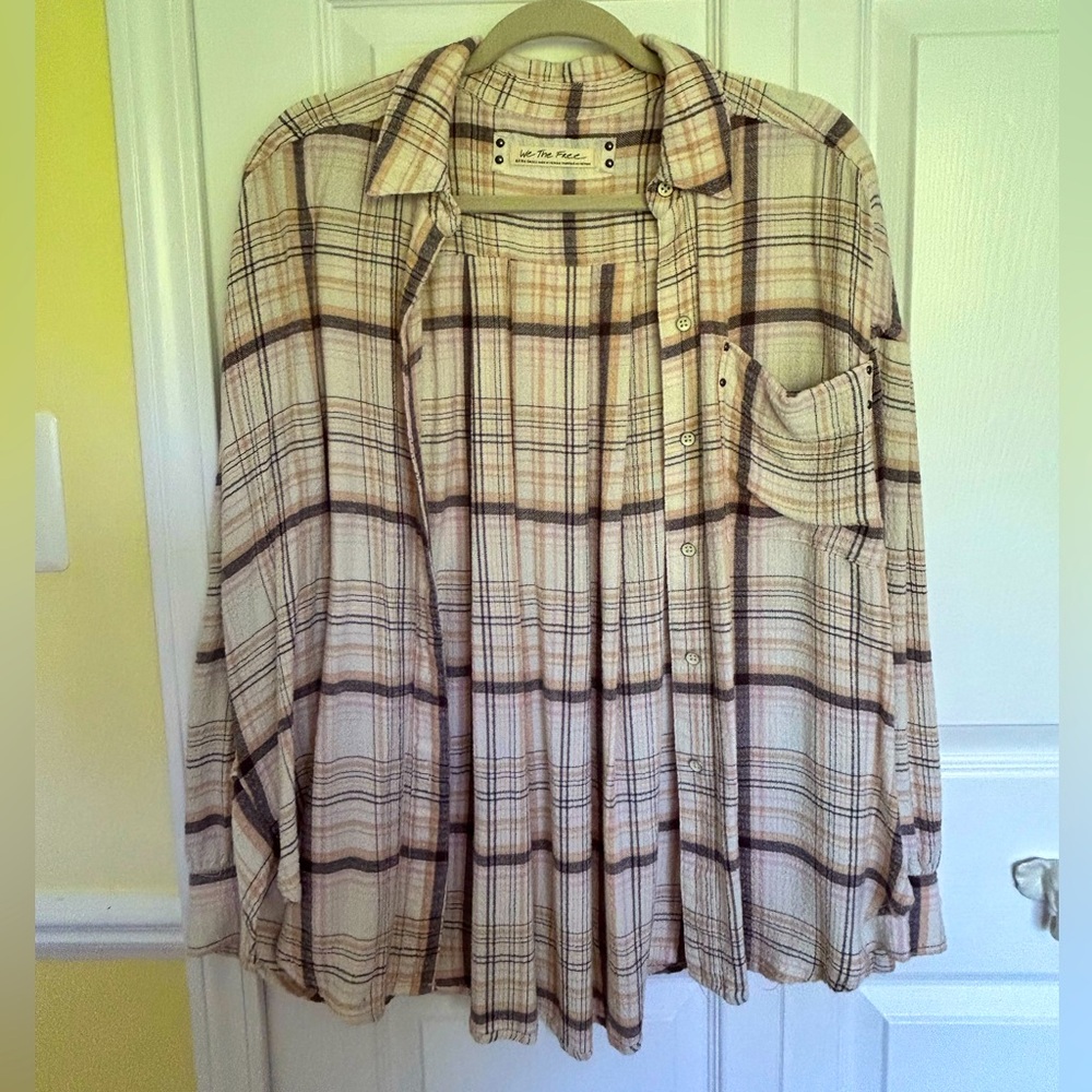 Free People Hidden Valley Soft Oversized Neutral Plaid Studded Flannel Shirt